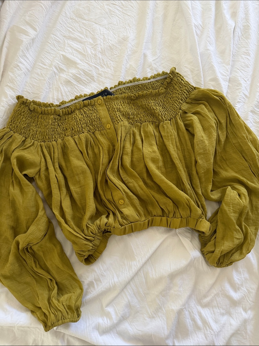 Smocked Off-Shoulder Blouse in Olive